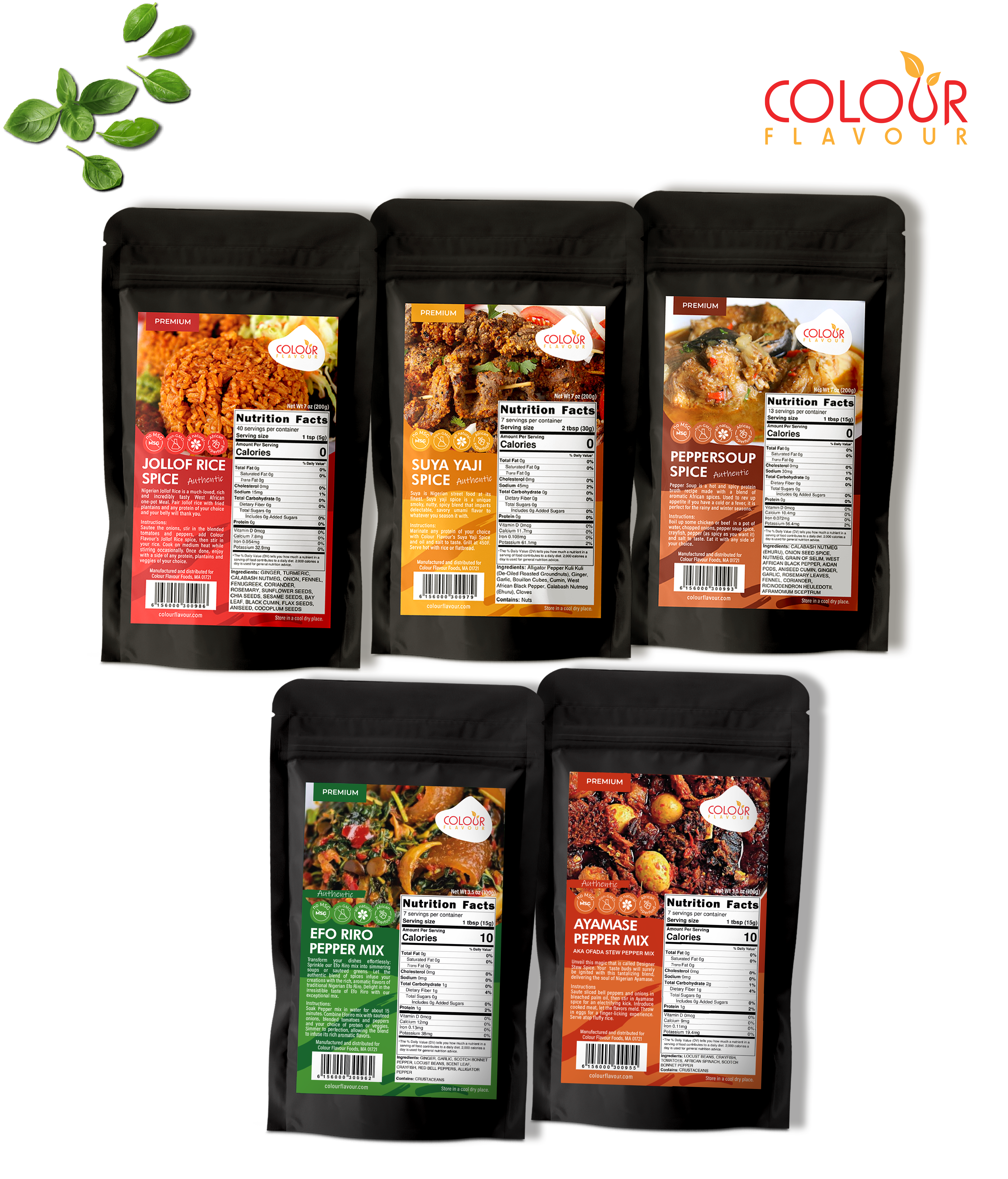 Five pouches with spices lay on white background. On the right top corner is the brand's logo.