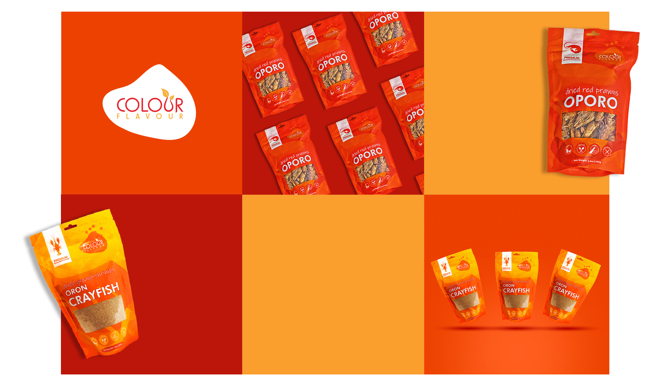 Colorful squares and pouches with spices in matchinh colors.